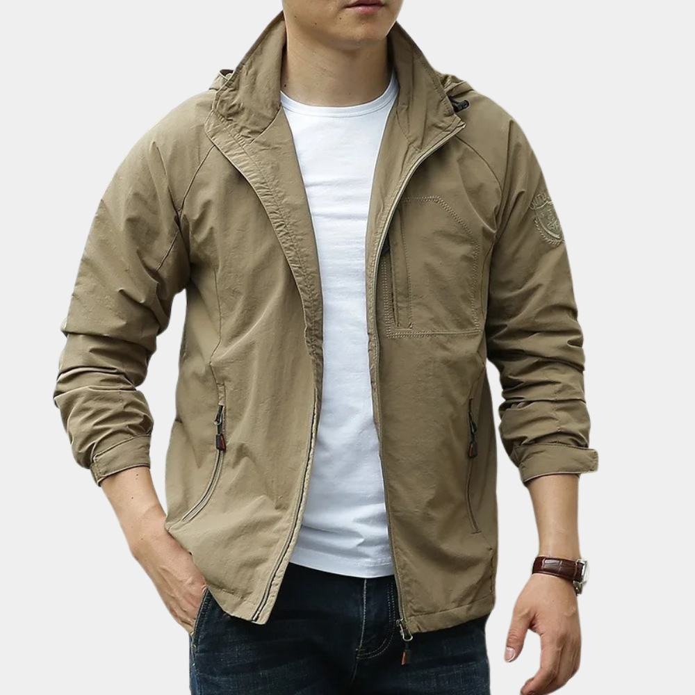 "Herren Atmungsaktive Jacke in Armeegrün mit modernem Design und praktischen Taschen für Frühling & Sommer."