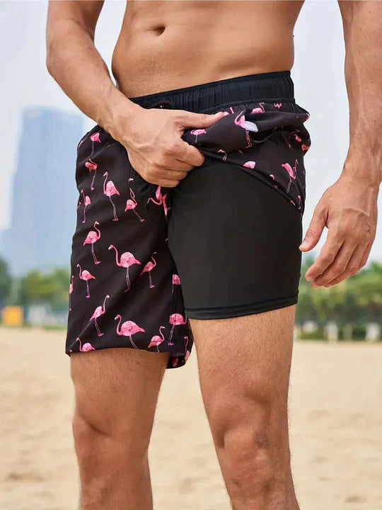 "Herren Badehose mit Flamingo-Muster und Handytasche, modisch, funktional, schnell trocknend, ideal für Strandtage"