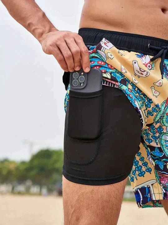 "Herren Badehose mit Flamingo-Muster und Handytasche, modisch, funktional, schnell trocknend, ideal für Strandtage"