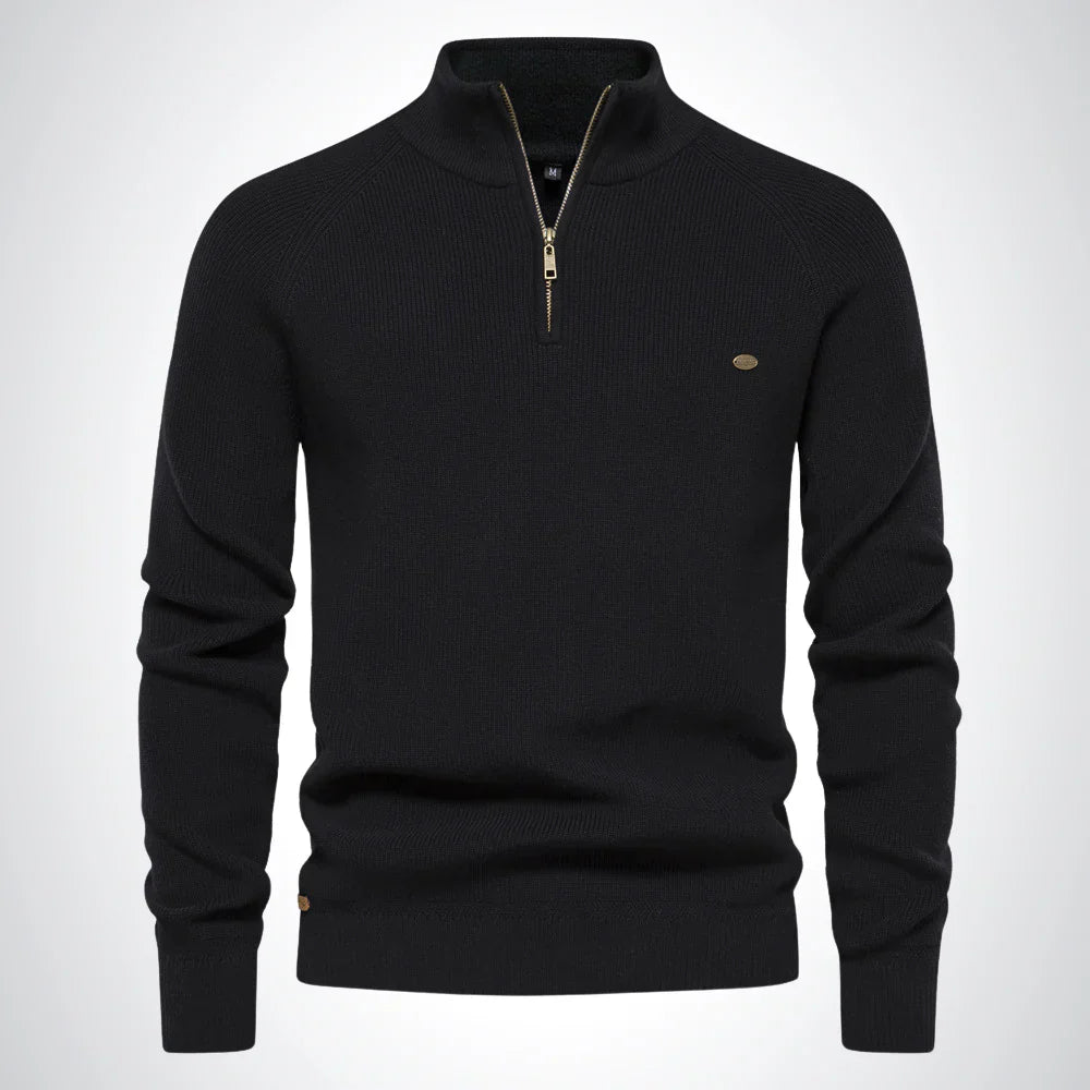 "Herren Baumwoll-Pullover in Beige mit Reißverschluss und Kragen, pflegeleicht und elegant für Alltag und besondere Anlässe."