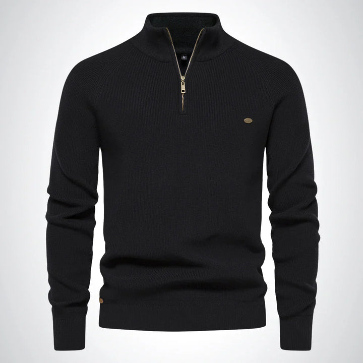 "Herren Baumwoll-Pullover in Beige mit Reißverschluss und Kragen, pflegeleicht und elegant für Alltag und besondere Anlässe."