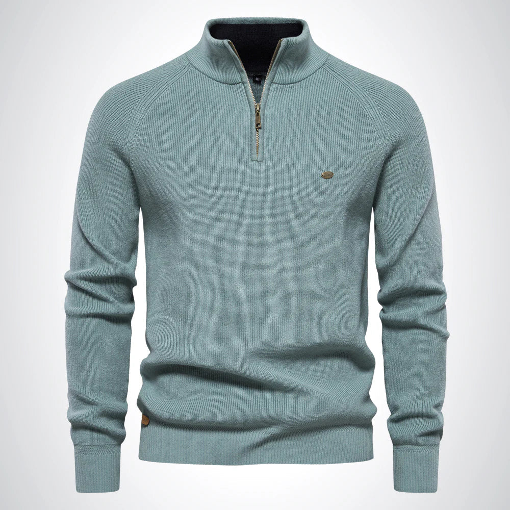 "Herren Baumwoll-Pullover in Beige mit Reißverschluss und Kragen, pflegeleicht und elegant für Alltag und besondere Anlässe."