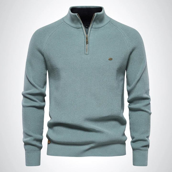 "Herren Baumwoll-Pullover in Beige mit Reißverschluss und Kragen, pflegeleicht und elegant für Alltag und besondere Anlässe."
