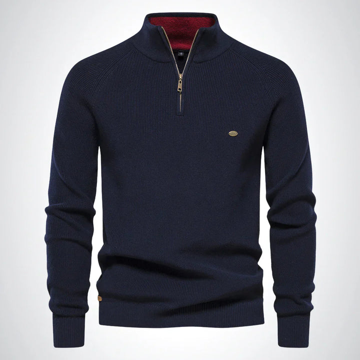 "Herren Baumwoll-Pullover in Beige mit Reißverschluss und Kragen, pflegeleicht und elegant für Alltag und besondere Anlässe."