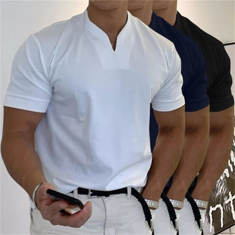 "Herren Business Kurzarm T-Shirt, sportlich und modisch, Vorderansicht, eleganter V-Ausschnitt, atmungsaktives Material."