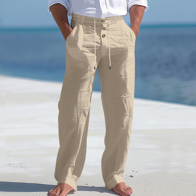 "Herren Chinohose mit hohem Bund und seitlichen Taschen, atmungsaktiver Stoff in Beige, lässiger Look für Alltag und Freizeit