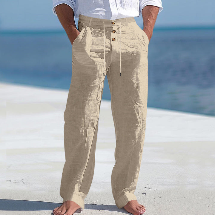 "Herren Chinohose mit hohem Bund und seitlichen Taschen, atmungsaktiver Stoff in Beige, lässiger Look für Alltag und Freizeit