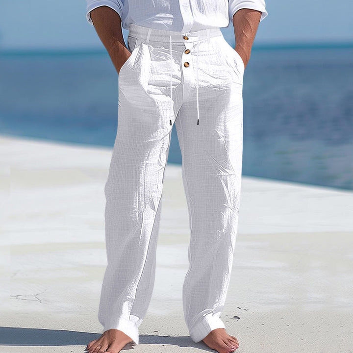 "Herren Chinohose mit hohem Bund und seitlichen Taschen, atmungsaktiver Stoff in Beige, lässiger Look für Alltag und Freizeit