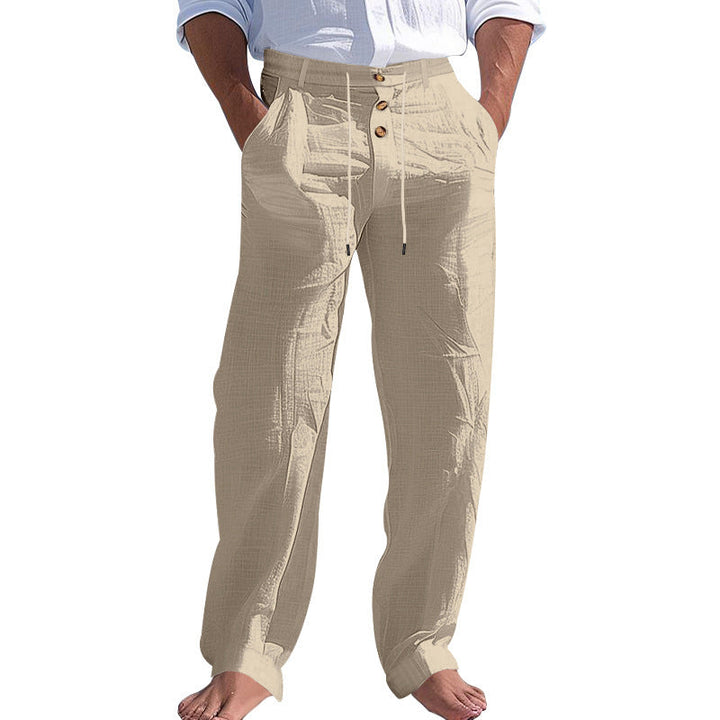 "Herren Chinohose mit hohem Bund und seitlichen Taschen, atmungsaktiver Stoff in Beige, lässiger Look für Alltag und Freizeit