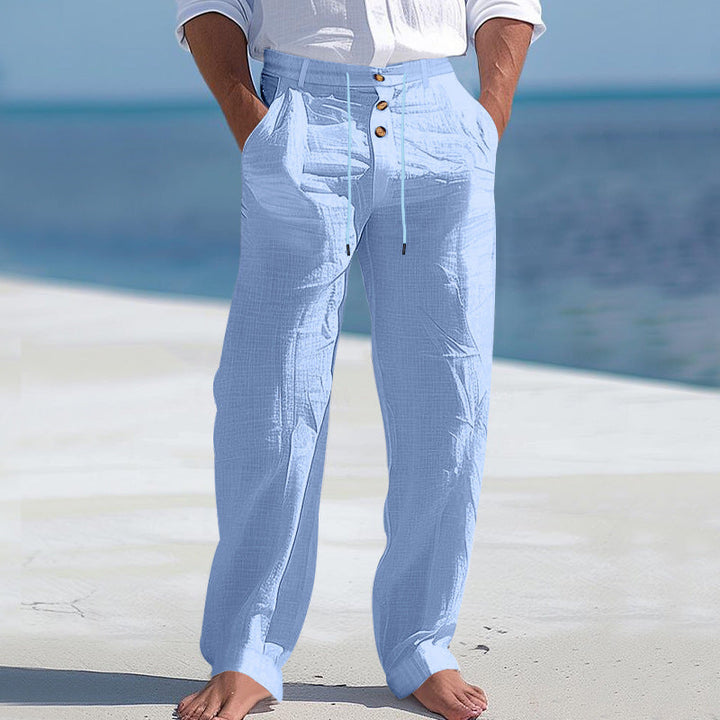 "Herren Chinohose mit hohem Bund und seitlichen Taschen, atmungsaktiver Stoff in Beige, lässiger Look für Alltag und Freizeit