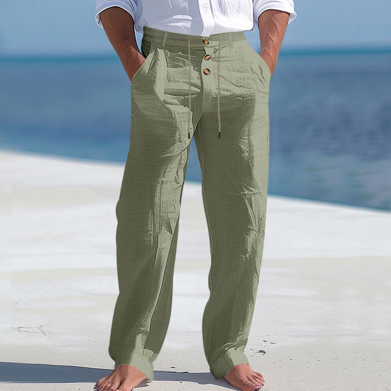 "Herren Chinohose mit hohem Bund und seitlichen Taschen, atmungsaktiver Stoff in Beige, lässiger Look für Alltag und Freizeit