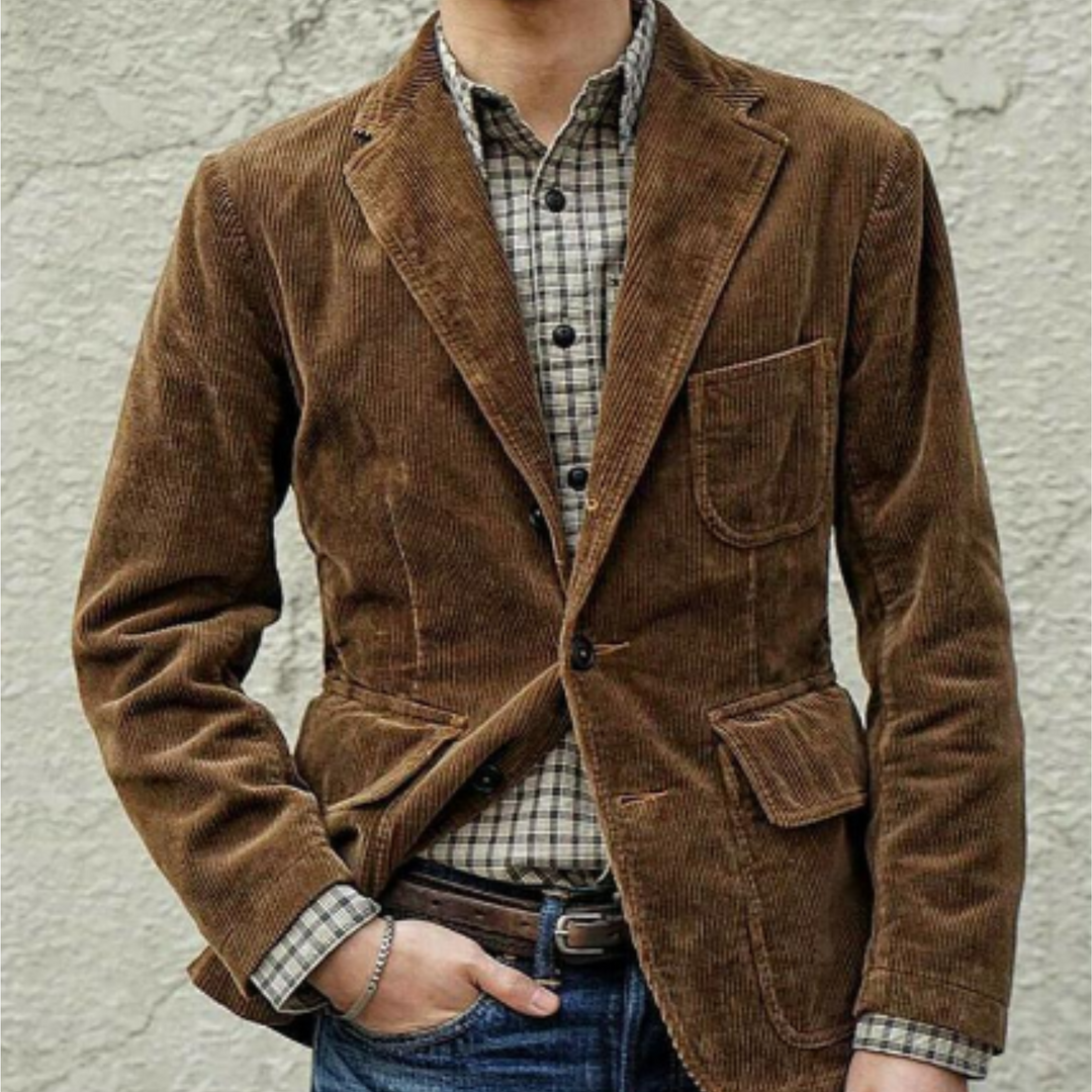 "Herren-Cordjacke in Braun, Vintage-Stil, mit Vordertaschen, ideal für Winter, verleiht Retro-Charme und moderne Eleganz."