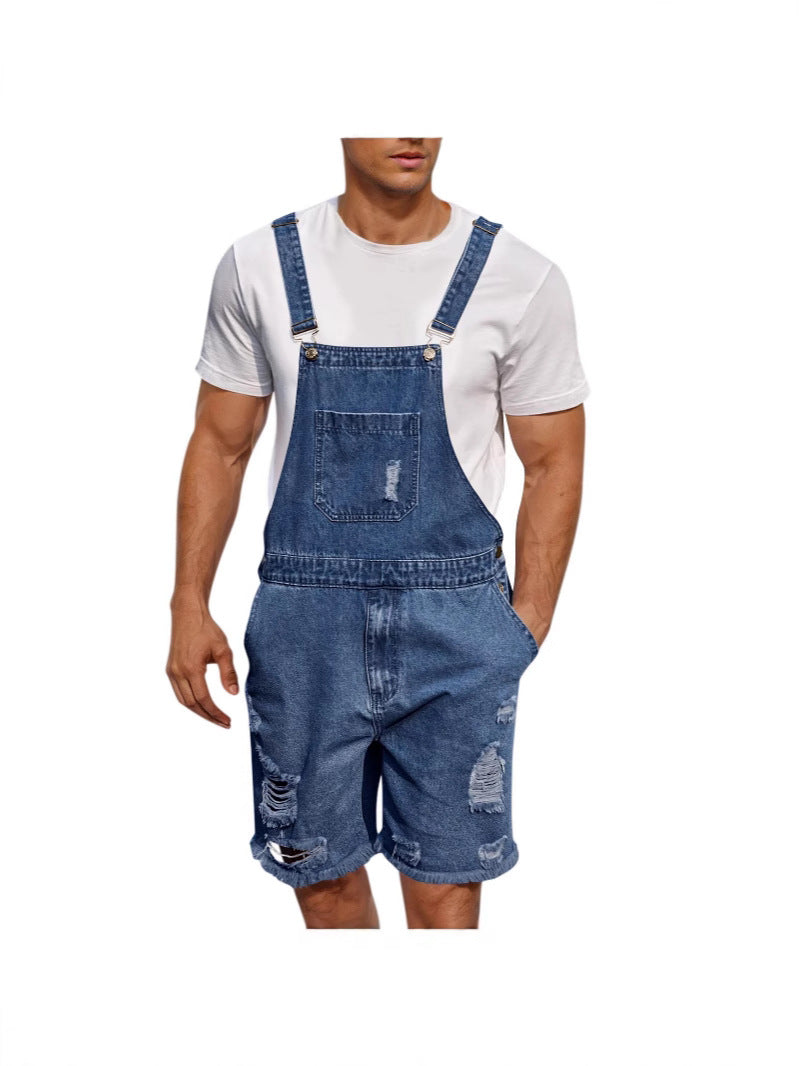 "Herren Denim-Latzhose mit distressed Look, verstellbare Träger, Frontansicht, modisch und komfortabel."