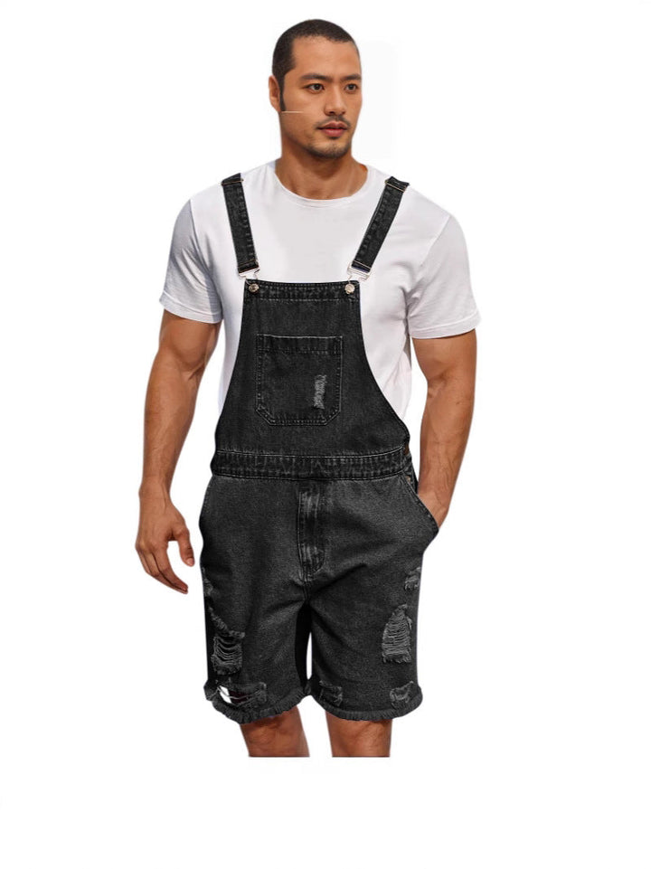 "Herren Denim-Latzhose mit distressed Look, verstellbare Träger, Frontansicht, modisch und komfortabel."