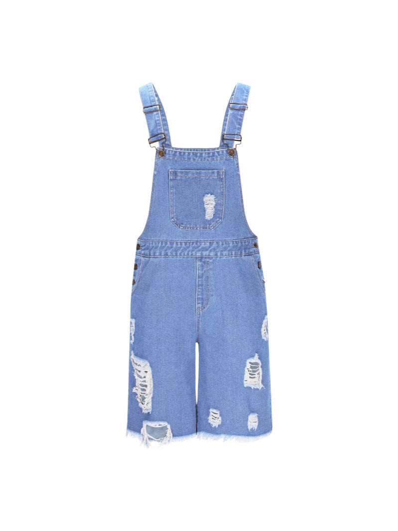 "Herren Denim-Latzhose mit distressed Look, verstellbare Träger, Frontansicht, modisch und komfortabel."