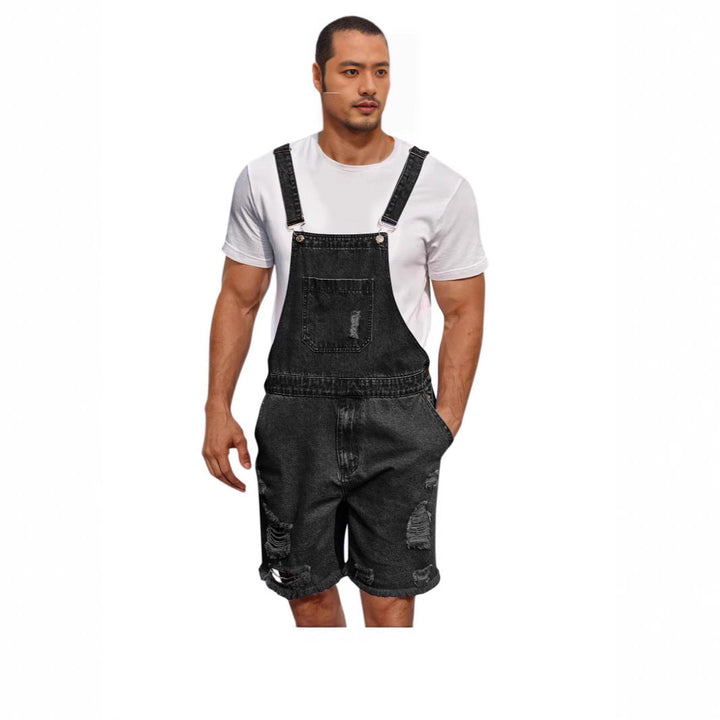 "Herren Denim-Latzhose mit distressed Look, verstellbare Träger, Frontansicht, modisch und komfortabel."