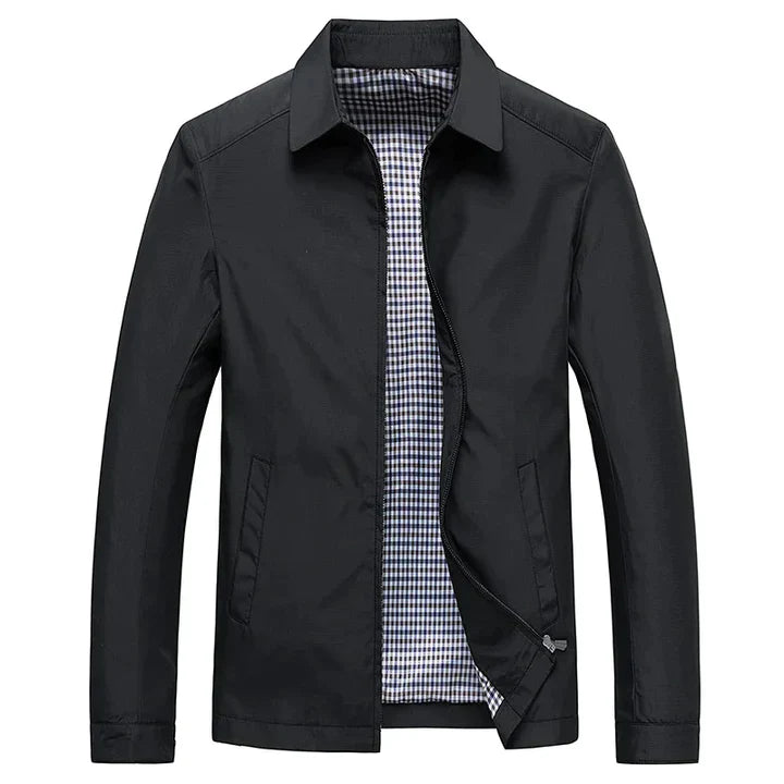 "Herren Frühjahrsjacke in Blau, wasserabweisend mit modernem Stehkragen, für Business und Casual Looks geeignet."