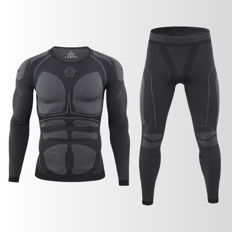 "Herren Funktionsunterwäsche Set, atmungsaktiv, nahtlos, wärmeregulierend, ideal für sportliche Outdoor-Aktivitäten."