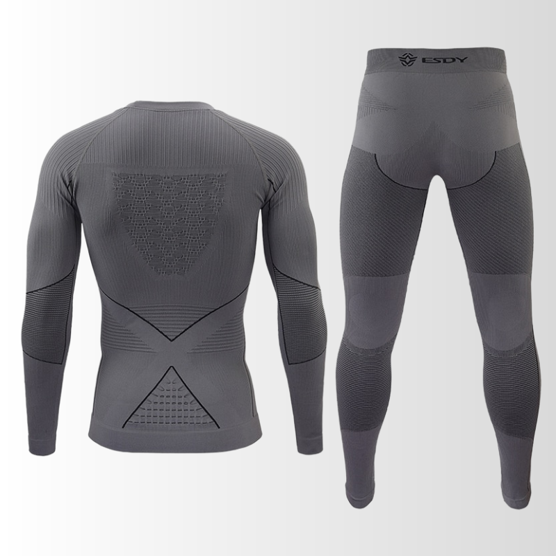 "Herren Funktionsunterwäsche Set, atmungsaktiv, nahtlos, wärmeregulierend, ideal für sportliche Outdoor-Aktivitäten."