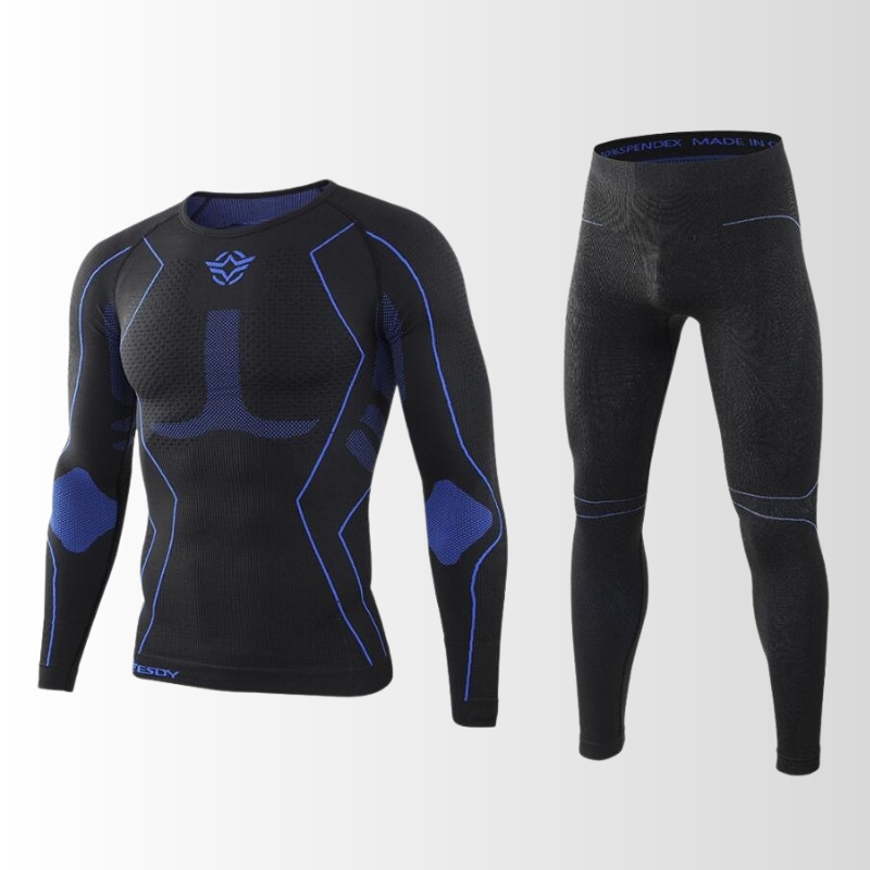 "Herren Funktionsunterwäsche Set, atmungsaktiv, nahtlos, wärmeregulierend, ideal für sportliche Outdoor-Aktivitäten."