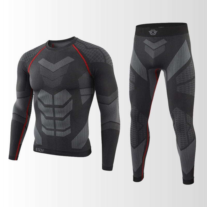 "Herren Funktionsunterwäsche Set, atmungsaktiv, nahtlos, wärmeregulierend, ideal für sportliche Outdoor-Aktivitäten."