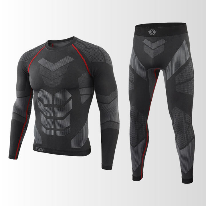 "Herren Funktionsunterwäsche Set, atmungsaktiv, nahtlos, wärmeregulierend, ideal für sportliche Outdoor-Aktivitäten."