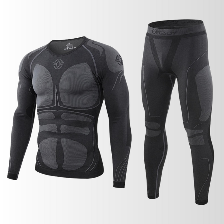 "Herren Funktionsunterwäsche Set, atmungsaktiv, nahtlos, wärmeregulierend, ideal für sportliche Outdoor-Aktivitäten."