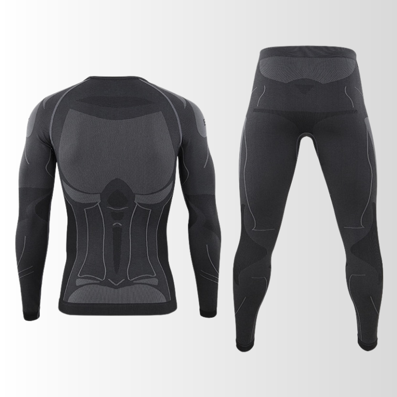 "Herren Funktionsunterwäsche Set, atmungsaktiv, nahtlos, wärmeregulierend, ideal für sportliche Outdoor-Aktivitäten."