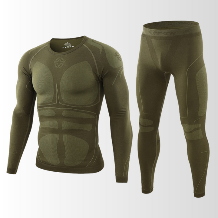 "Herren Funktionsunterwäsche Set, atmungsaktiv, nahtlos, wärmeregulierend, ideal für sportliche Outdoor-Aktivitäten."