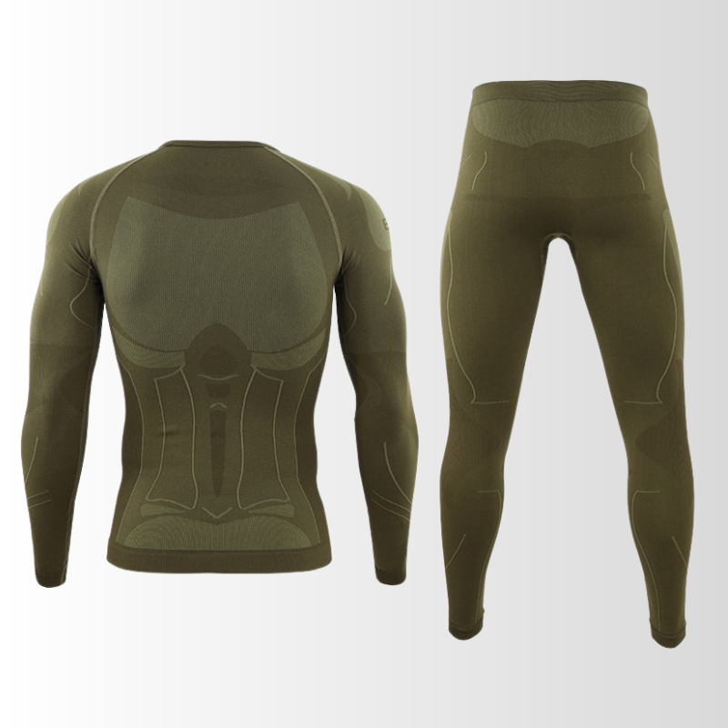 "Herren Funktionsunterwäsche Set, atmungsaktiv, nahtlos, wärmeregulierend, ideal für sportliche Outdoor-Aktivitäten."