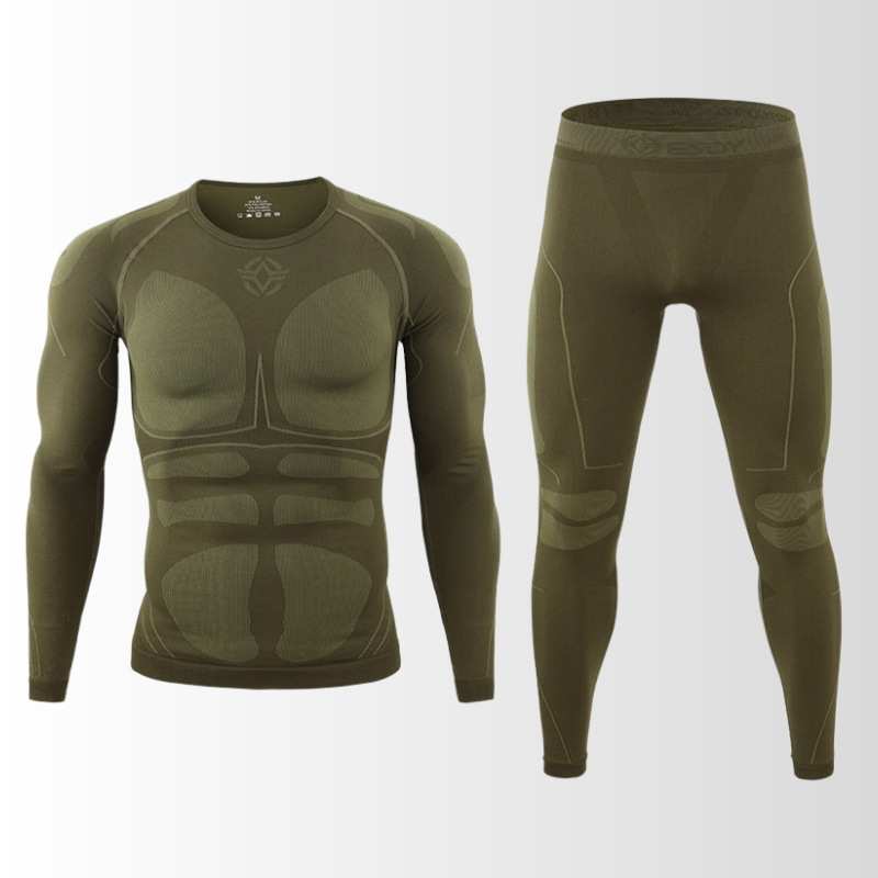 "Herren Funktionsunterwäsche Set, atmungsaktiv, nahtlos, wärmeregulierend, ideal für sportliche Outdoor-Aktivitäten."