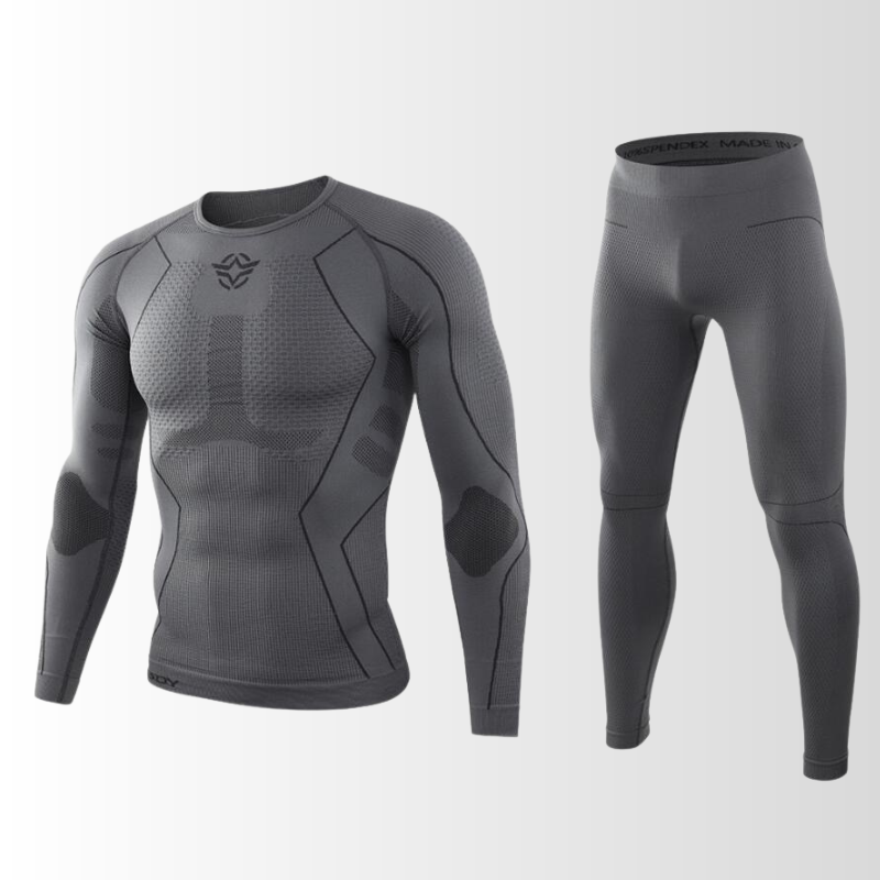 "Herren Funktionsunterwäsche Set, atmungsaktiv, nahtlos, wärmeregulierend, ideal für sportliche Outdoor-Aktivitäten."