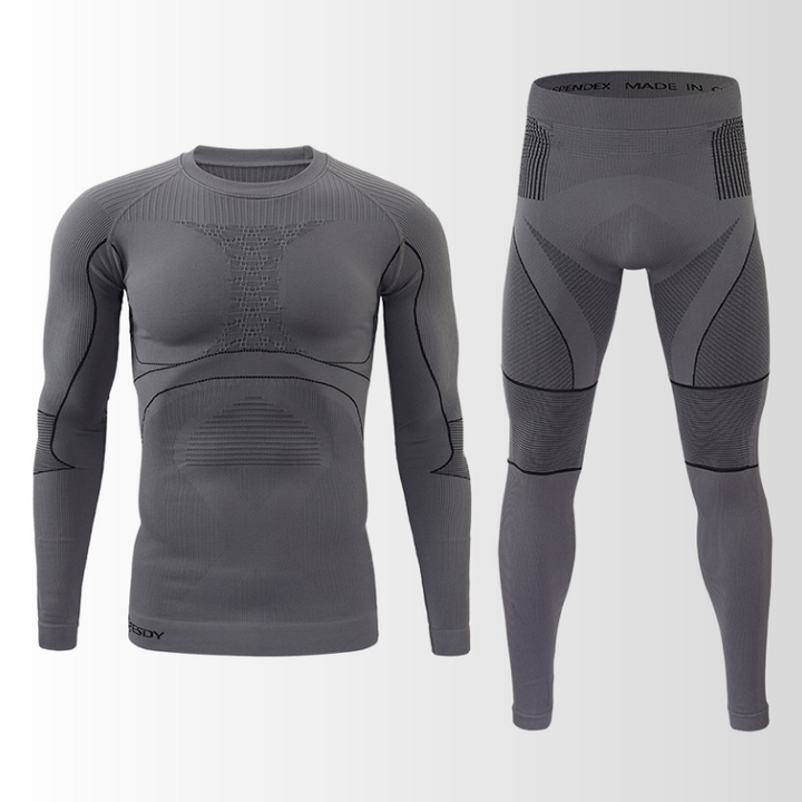 "Herren Funktionsunterwäsche Set, atmungsaktiv, nahtlos, wärmeregulierend, ideal für sportliche Outdoor-Aktivitäten."