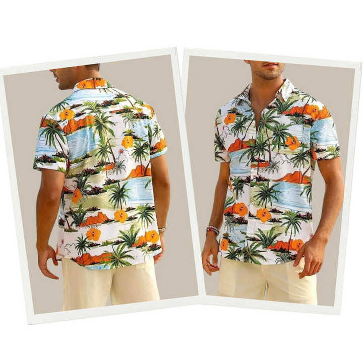 "Herren Hawaiihemd, Kurzarm, lebhafter Print, tropisches Design, für Frühling und Sommer, Frontansicht, stilvolle Herrenmode"