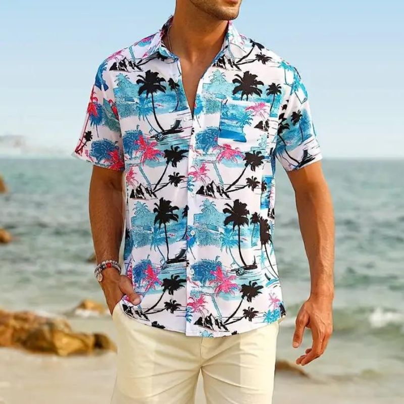 "Herren Hawaiihemd, Kurzarm, lebhafter Print, tropisches Design, für Frühling und Sommer, Frontansicht, stilvolle Herrenmode"