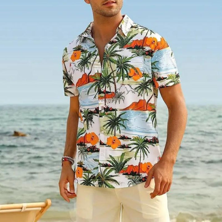 "Herren Hawaiihemd, Kurzarm, lebhafter Print, tropisches Design, für Frühling und Sommer, Frontansicht, stilvolle Herrenmode"