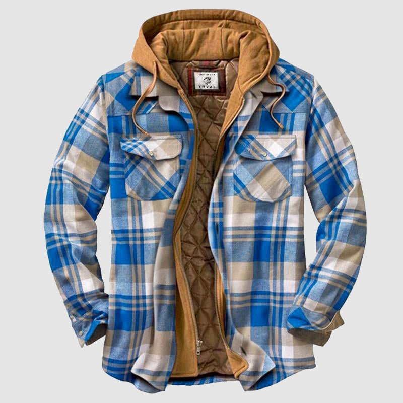 "Herren Holzfällerjacke, klassisches Design, warme Fütterung, karierter Stoff, ideal für Outdoor-Abenteuer."