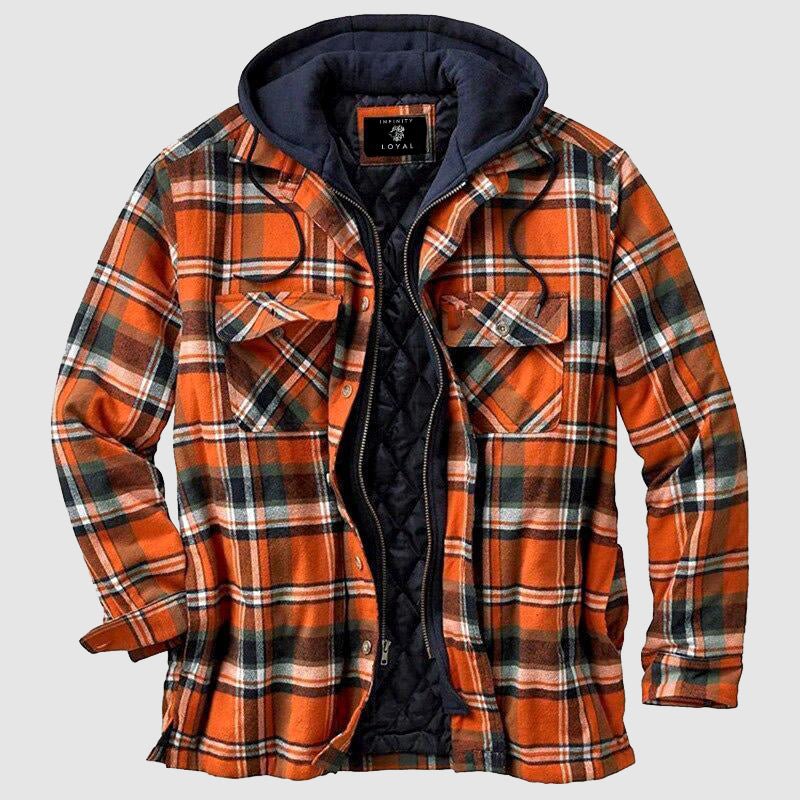 "Herren Holzfällerjacke, klassisches Design, warme Fütterung, karierter Stoff, ideal für Outdoor-Abenteuer."
