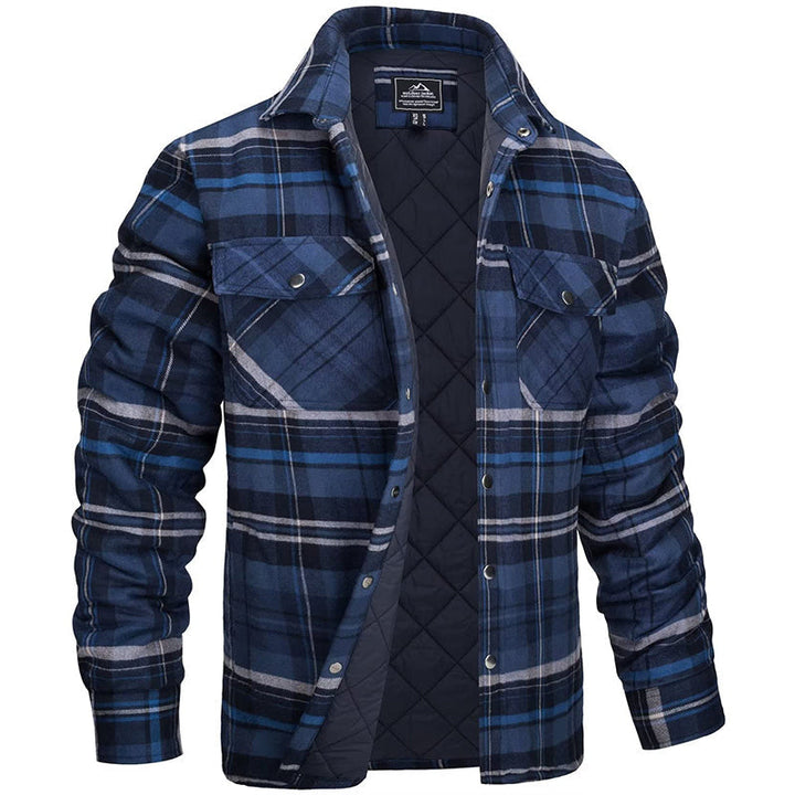 "Herren Holzfällerjacke mit Karomuster, flanellartig, warm, für robuste Outdoor-Abenteuer und stilvolle Alltagslooks."