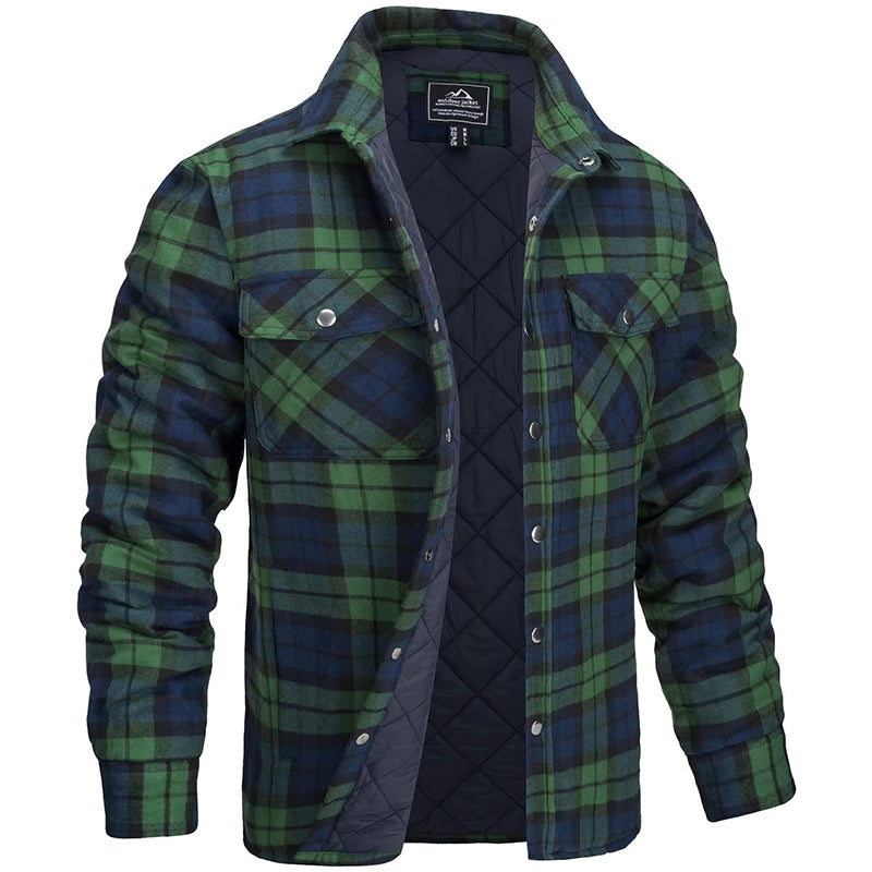 "Herren Holzfällerjacke mit Karomuster, flanellartig, warm, für robuste Outdoor-Abenteuer und stilvolle Alltagslooks."