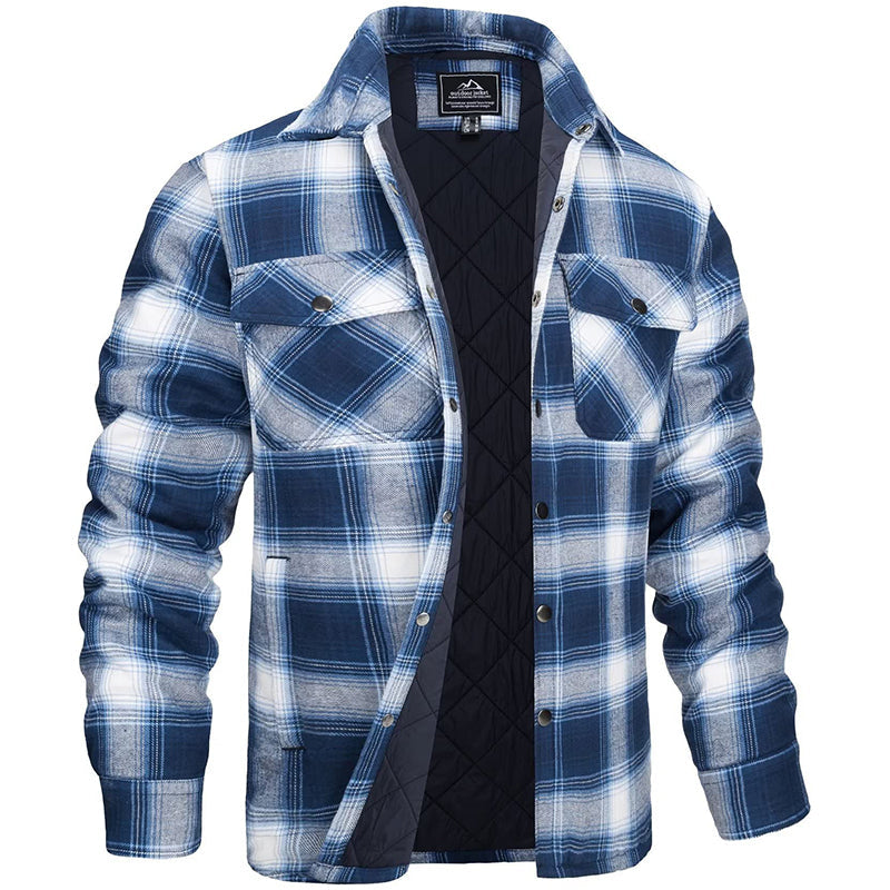 "Herren Holzfällerjacke mit Karomuster, flanellartig, warm, für robuste Outdoor-Abenteuer und stilvolle Alltagslooks."