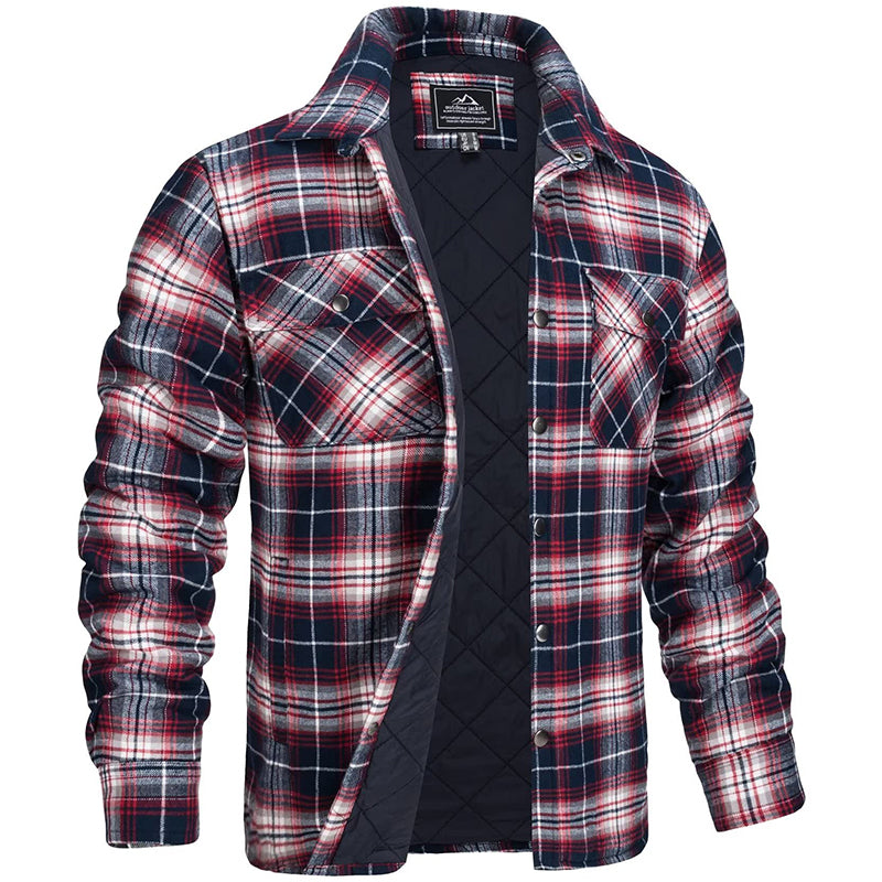 "Herren Holzfällerjacke mit Karomuster, flanellartig, warm, für robuste Outdoor-Abenteuer und stilvolle Alltagslooks."