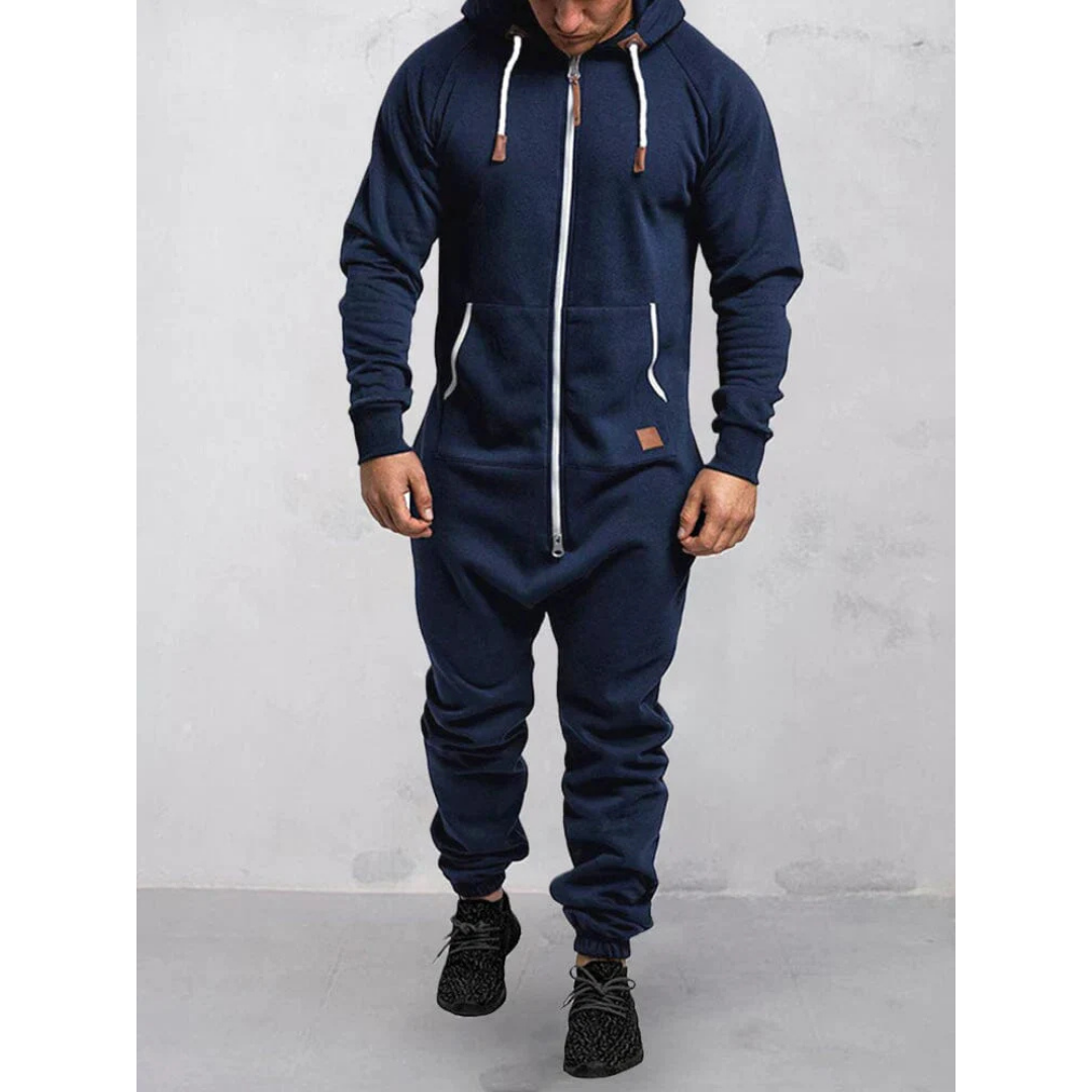 "Herren-Jumpsuit mit Kapuze, warmes Material, bequem, ideal für kalte Tage und gemütliche Stunden, schützt vor Wind."