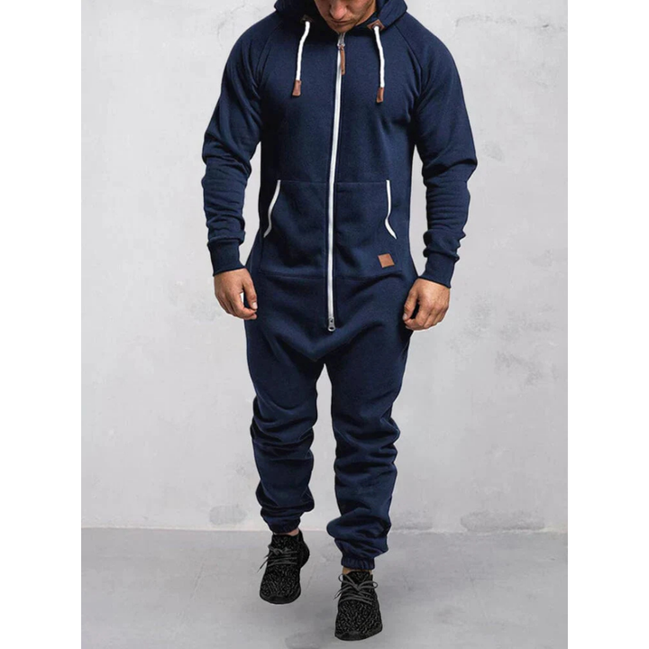 "Herren-Jumpsuit mit Kapuze, warmes Material, bequem, ideal für kalte Tage und gemütliche Stunden, schützt vor Wind."