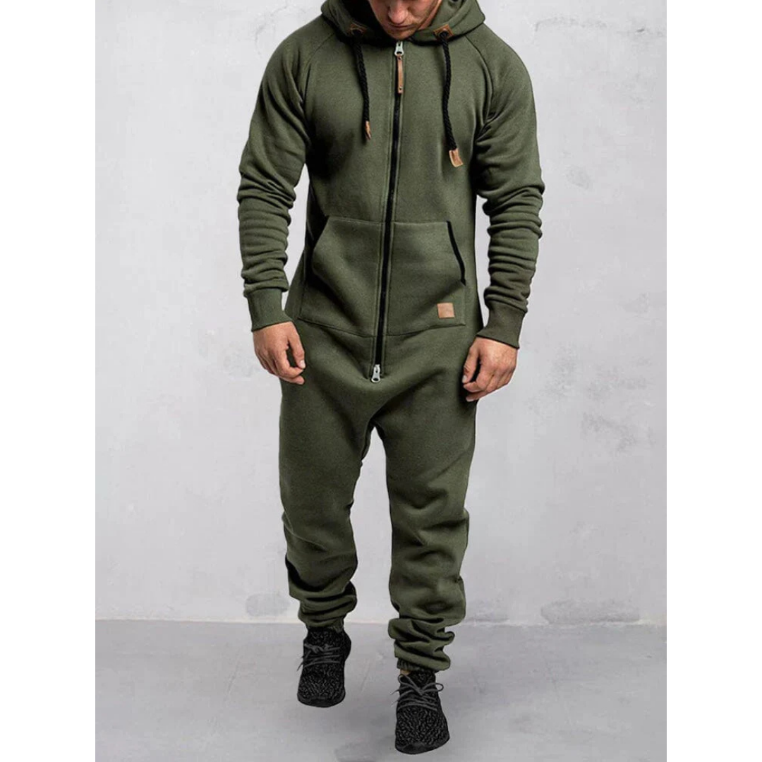 "Herren-Jumpsuit mit Kapuze, warmes Material, bequem, ideal für kalte Tage und gemütliche Stunden, schützt vor Wind."