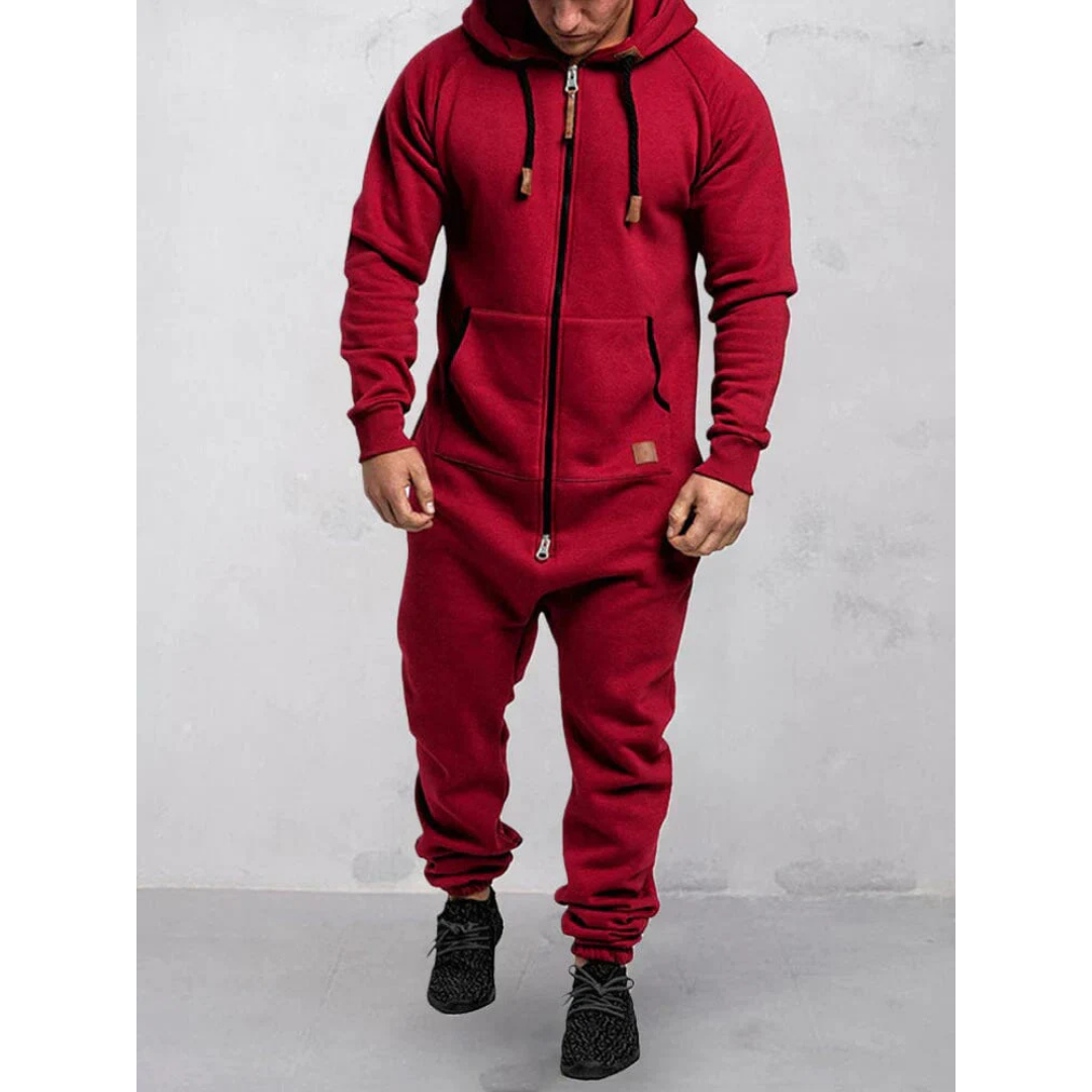 "Herren-Jumpsuit mit Kapuze, warmes Material, bequem, ideal für kalte Tage und gemütliche Stunden, schützt vor Wind."