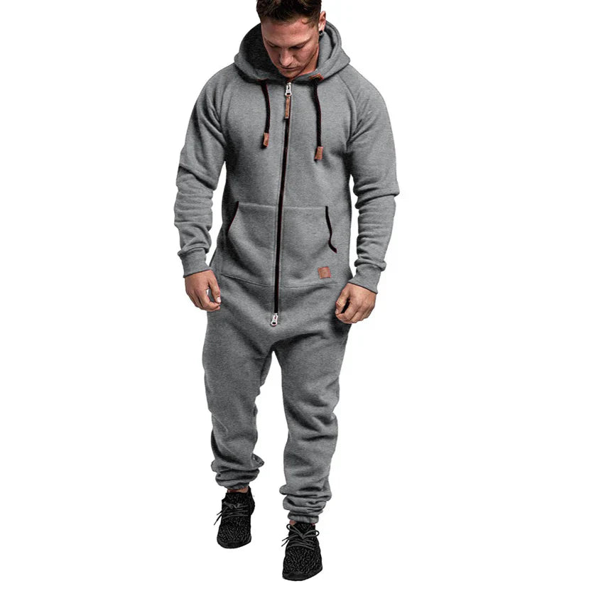 "Herren-Jumpsuit mit Kapuze, warmes Material, bequem, ideal für kalte Tage und gemütliche Stunden, schützt vor Wind."