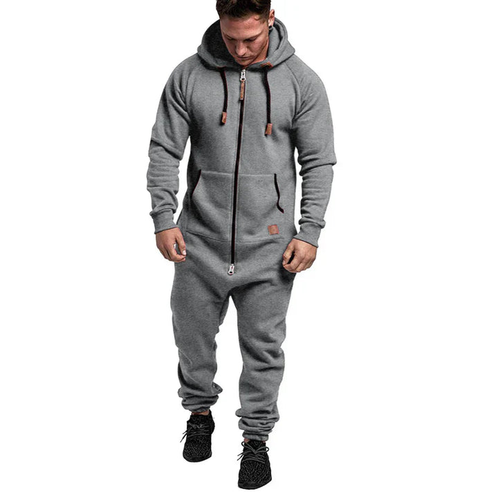 "Herren-Jumpsuit mit Kapuze, warmes Material, bequem, ideal für kalte Tage und gemütliche Stunden, schützt vor Wind."