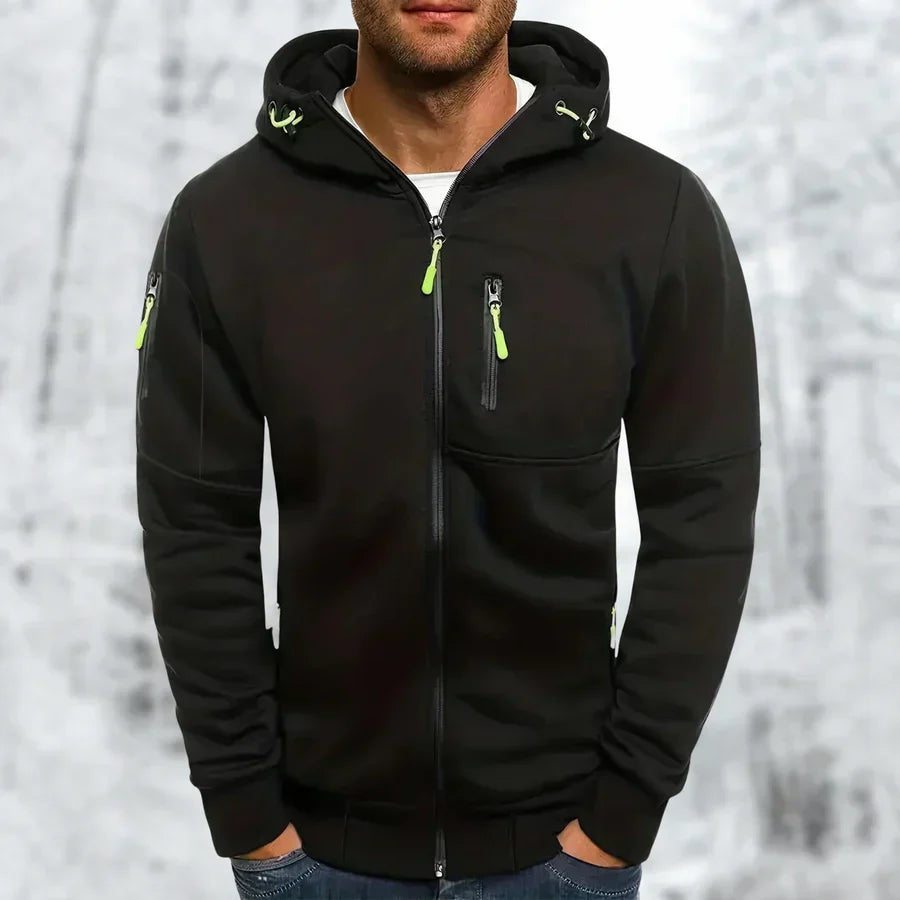 "Herren Kapuzenjacke mit Reißverschluss, in vielseitigen Farben, modernem Design, ideal für stilvolle, funktionale Outfits."