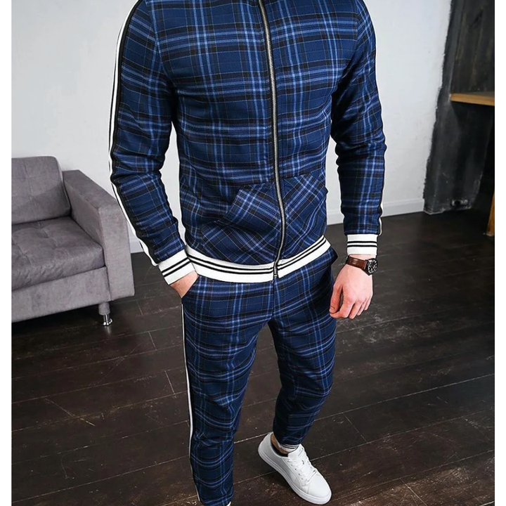 Herren kariertes Trainingsanzug Set, zweiteilig mit Reißverschluss, sportlich-elegant, Jacke und Hose in harmonischem Design.